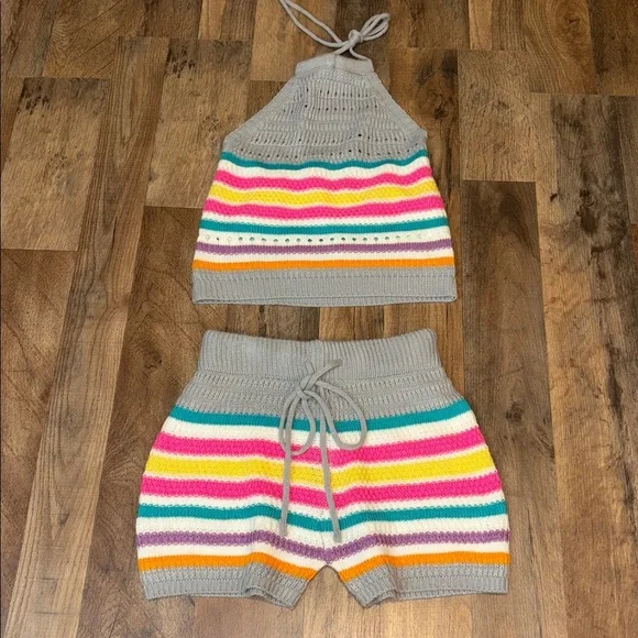 2 Piece Crochet Halter & Shorts Outfit Candy Color Stripes Small/Medium Juniors - Picture 16 of 17